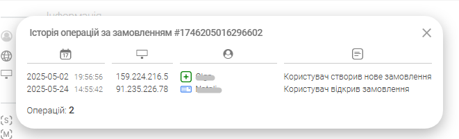 CRM-система. Вікно історії дій користувача системи